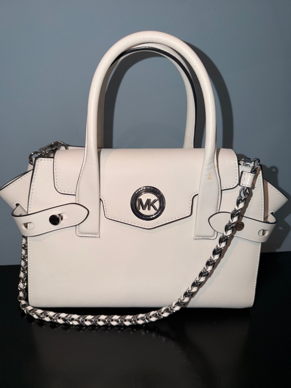 Michael Kors Carmen Medium White Saffiano Leather Satchel with Chain Strap - Picture 2 of 10